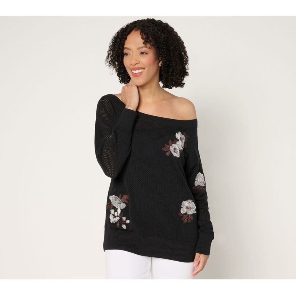 SUNNYLiFE Women's Top Sweater Sz L Floral Off-Shoulder Pullover Black